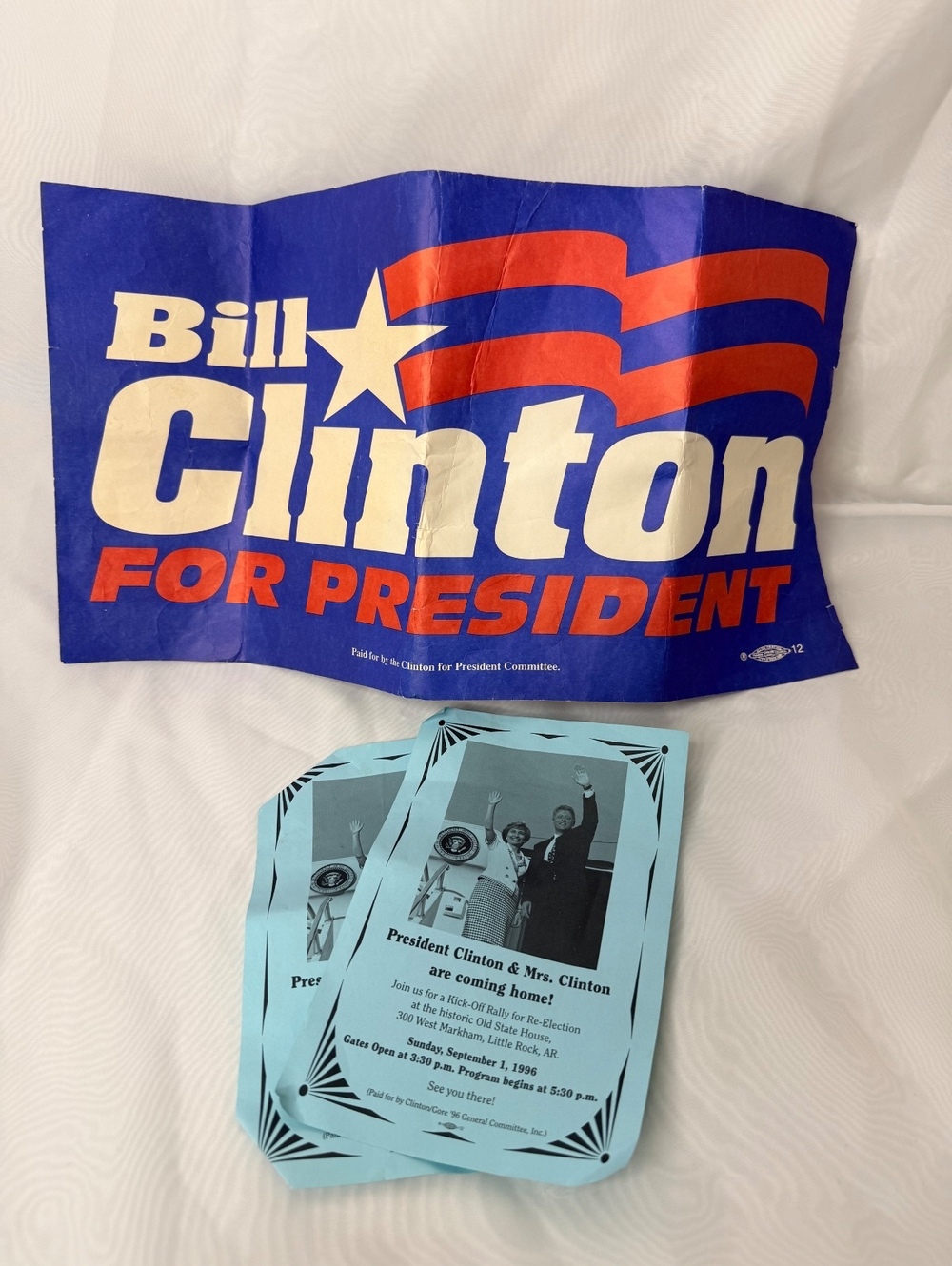 1996 Bill Clinton Campaign Paper Ephemera Yard Sign & Rally Flyers Set